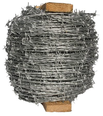 A roll of barbed wire against a white background.