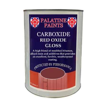 A 5 litre red and blue tub of Carboxide Red Oxide Gloss by Palatine Paints against a white background.