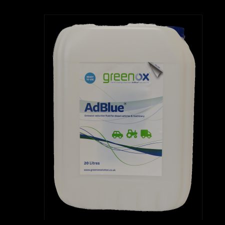 A 20 litre container of Ad Blue by Greenox against a black background.