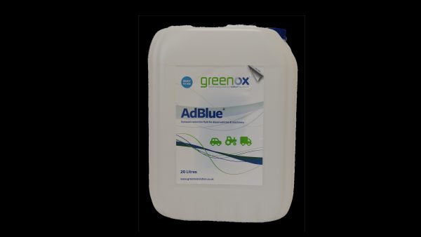 A 20 litre container of Ad Blue by Greenox against a black background.