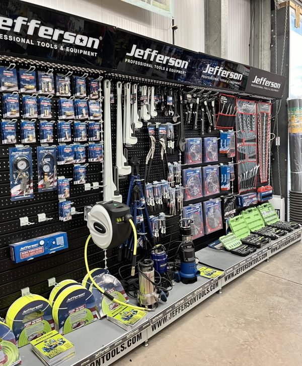 A black Jefferson stand displaying a variety of tools