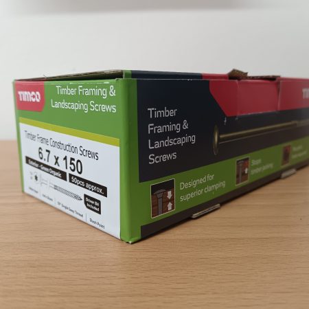 A green, black and red box containing timber framing & landscaping screws by Timco.