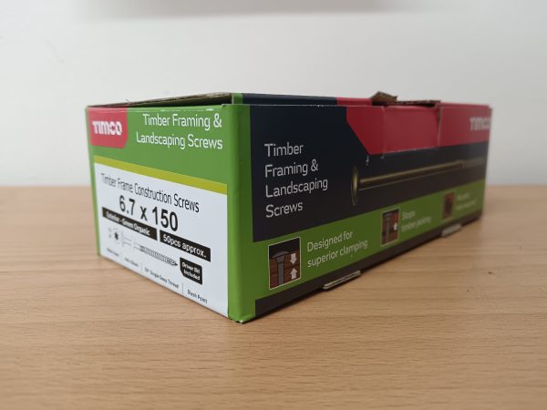 A green, black and red box containing timber framing & landscaping screws by Timco.