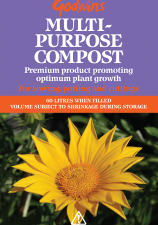 Godwins milti-purpose compost displaying a picture of a yellow flower, against a purple, white and orange background.