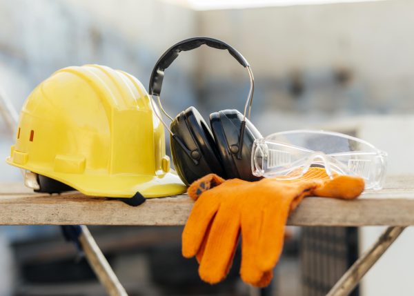 A wooden bench containing several PPE items, including a yellow hard hat, ear defenders, safety gloves and safety goggles/