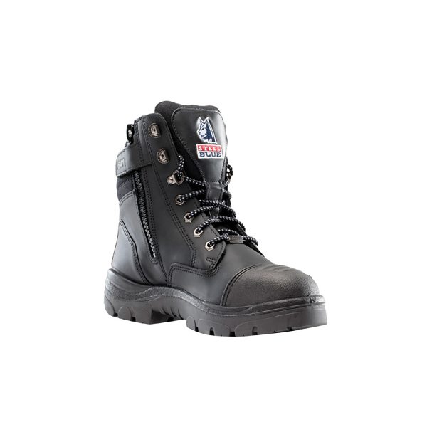 A single black Steel Blue safety boot against a white background.