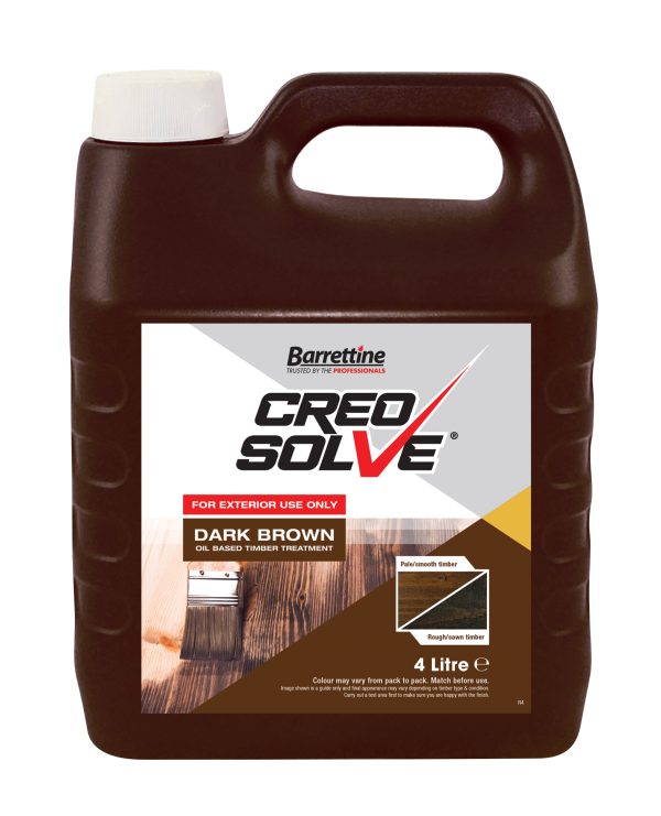 A 4 litre bottle of Creosolve by Barrettine against a blank background.