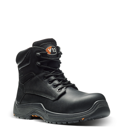 A singe black V12 safety boot against a plain background.