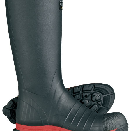 A pair of black and red Skellerup wellingtons against a plain background.