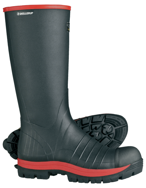 A pair of black and red Skellerup wellingtons against a plain background.