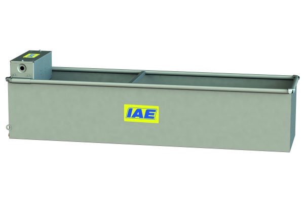 A steel IAE water trough with a white background